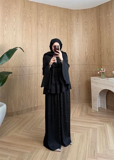 Leopar Desen Şifon Takım Siyah