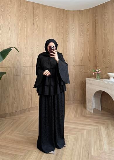 Leopar Desen Şifon Takım Siyah