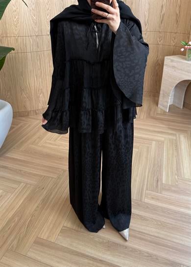 Leopar Desen Şifon Takım Siyah