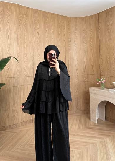 Leopar Desen Şifon Takım Siyah