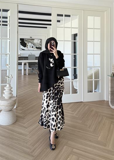 Leopar Etekli Takım Siyah