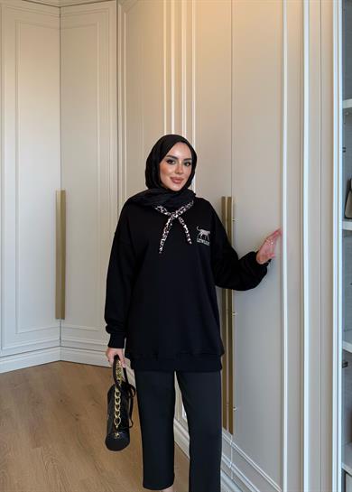 Leopar Fularlı Sweatshirt Siyah