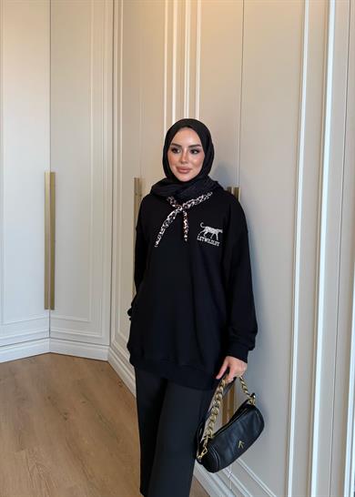 Leopar Fularlı Sweatshirt Siyah