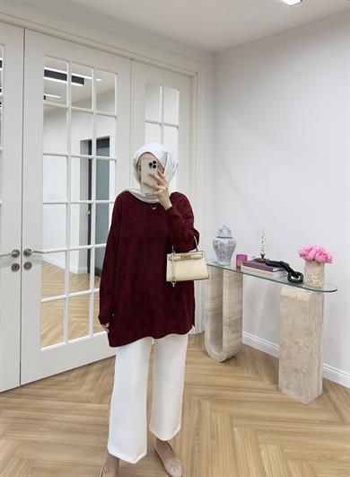 Leoparlı Simli Triko Bordo