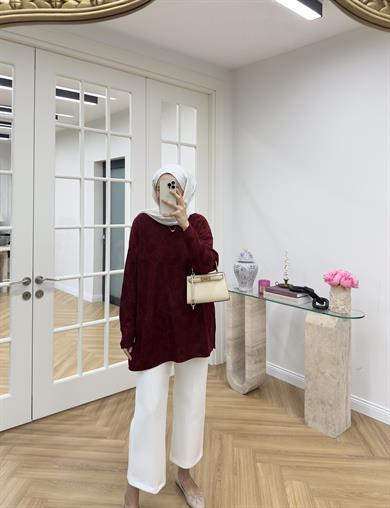 Leoparlı Simli Triko Bordo