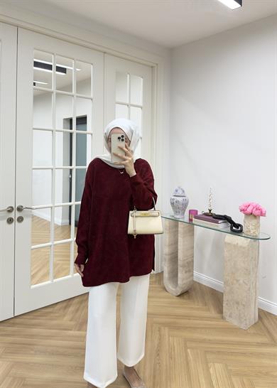 Leoparlı Simli Triko Bordo