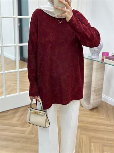Leoparlı Simli Triko Bordo
