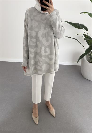 Leoparlı Simli Triko Gri