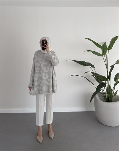 Leoparlı Simli Triko Gri