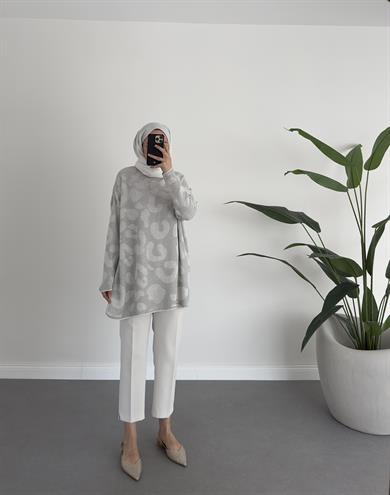 Leoparlı Simli Triko Gri