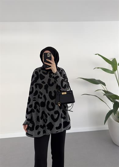 Leoparlı Simli Triko Siyah