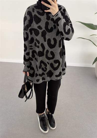Leoparlı Simli Triko Siyah