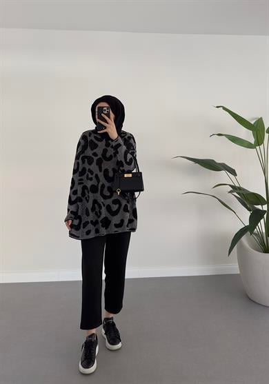 Leoparlı Simli Triko Siyah