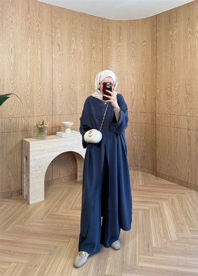 Liya Omuz Şallı Yırtmaçlı Takım Lacivert