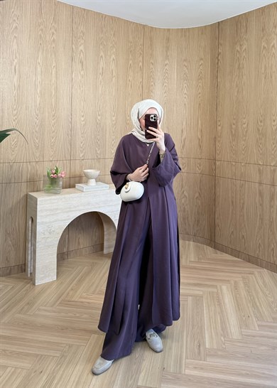 Liya Omuz Şallı Yırtmaçlı Takım Mürdüm 