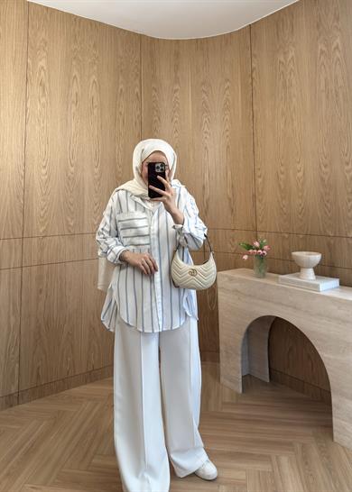 Lora Çizgili Oversize Gömlek Ekru 