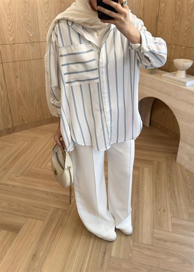 Lora Çizgili Oversize Gömlek Ekru 