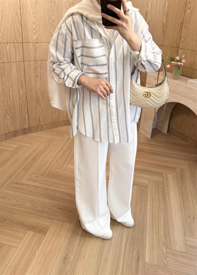 Lora Çizgili Oversize Gömlek Ekru 