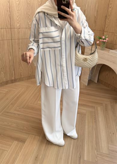 Lora Çizgili Oversize Gömlek Ekru 