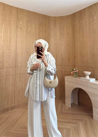 Lora Çizgili Oversize Gömlek Ekru 