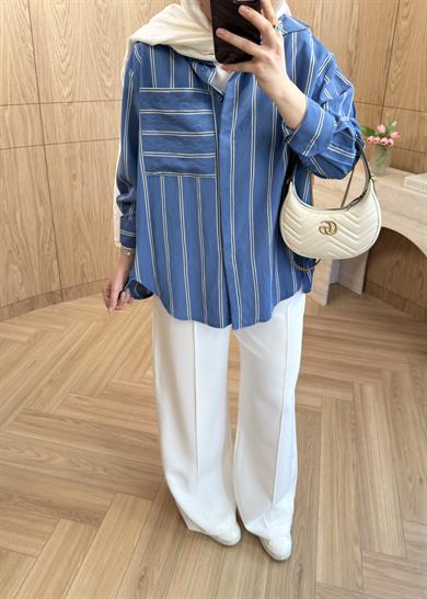 Lora Çizgili Oversize Gömlek Mavi
