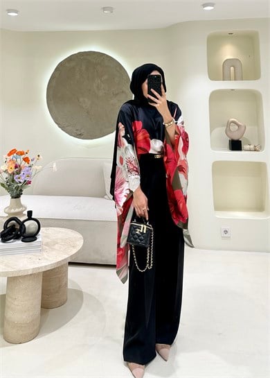 Lumira Floral Desen Bluz&Panço Siyah-Kırmızı