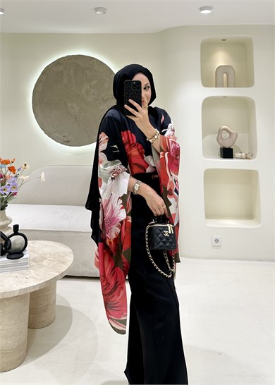 Lumira Floral Desen Bluz&Panço Siyah-Kırmızı