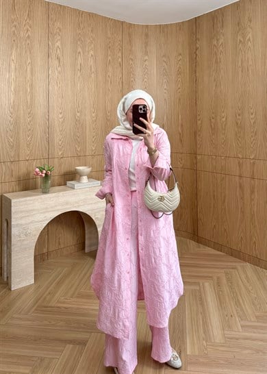 Luna Nakışlı Gömlekli Takım Pembe