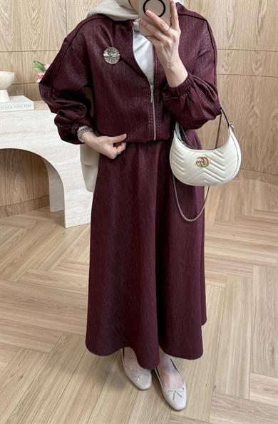 Madlen Simli Etekli Takım Bordo