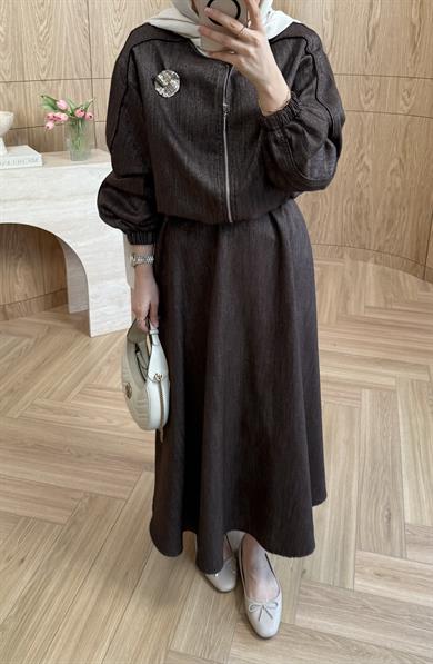 Madlen Simli Etekli Takım Kahverengi