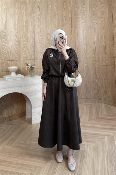 Madlen Simli Etekli Takım Kahverengi