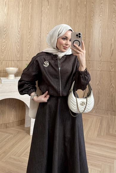 Madlen Simli Etekli Takım Kahverengi