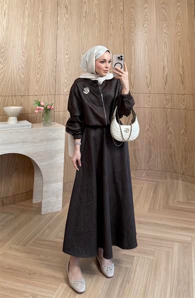 Madlen Simli Etekli Takım Kahverengi