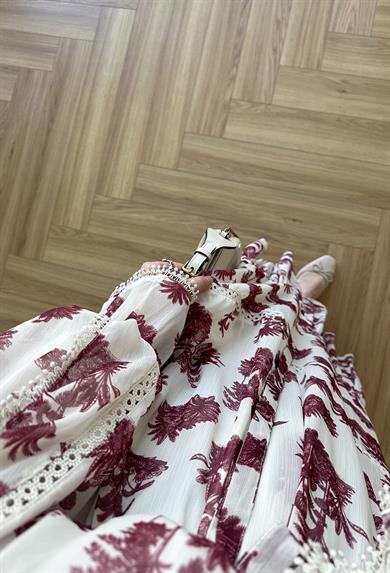 Marin Desenli Elbise Bordo