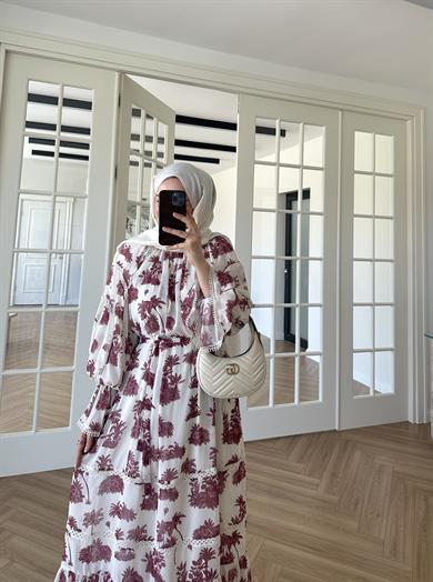 Marin Desenli Elbise Bordo