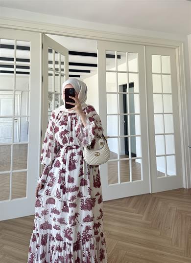 Marin Desenli Elbise Bordo