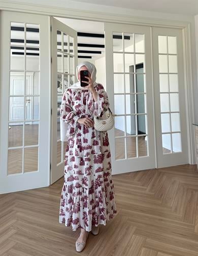 Marin Desenli Elbise Bordo