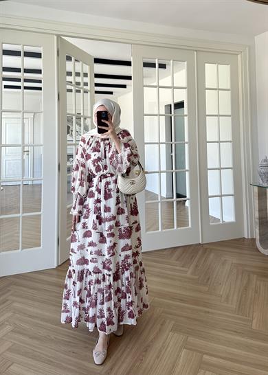 Marin Desenli Elbise Bordo