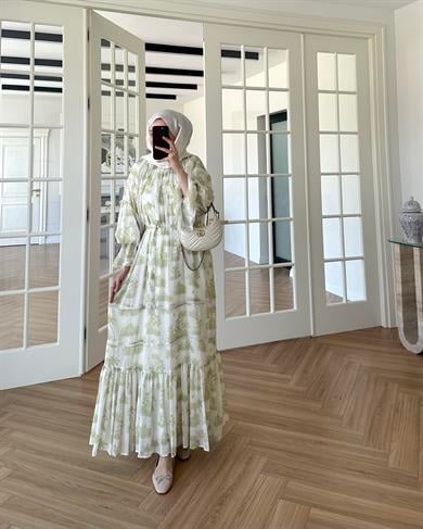 Marin Desenli Elbise Yeşil