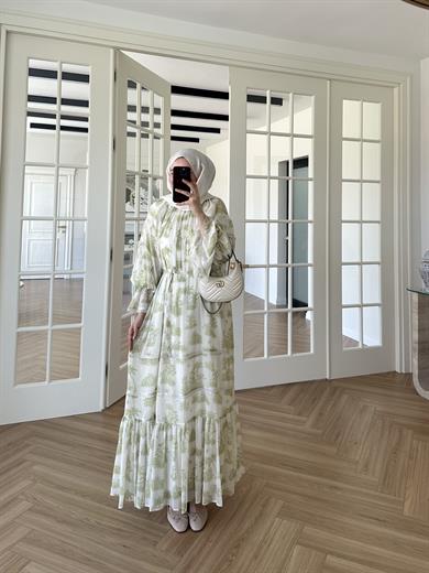 Marin Desenli Elbise Yeşil