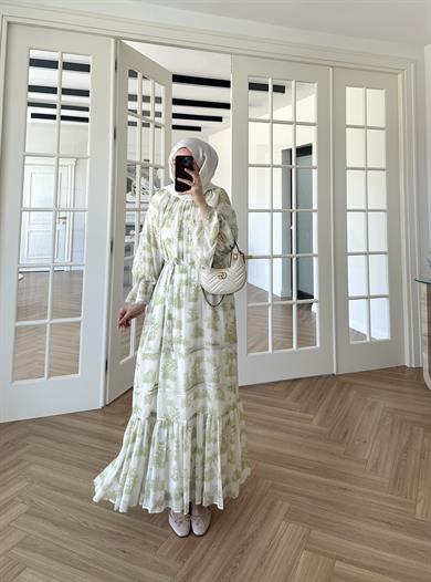 Marin Desenli Elbise Yeşil