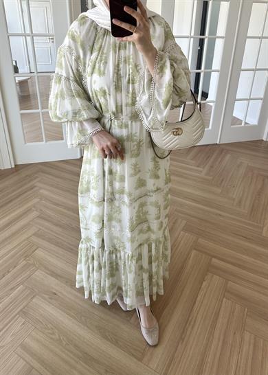 Marin Desenli Elbise Yeşil