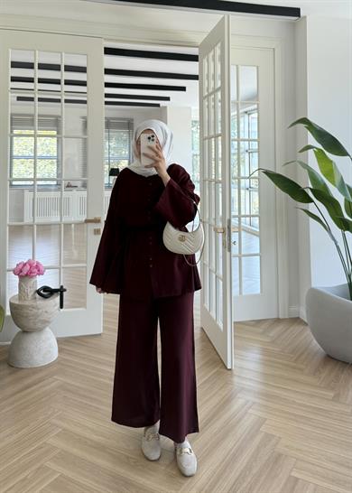 Çift Düğmeli Keten Takım Bordo