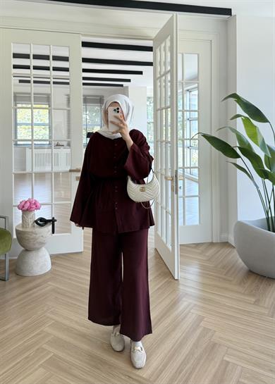 Çift Düğmeli Keten Takım Bordo