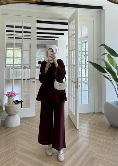 Çift Düğmeli Keten Takım Bordo