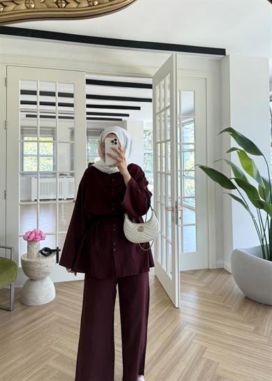 Çift Düğmeli Keten Takım Bordo