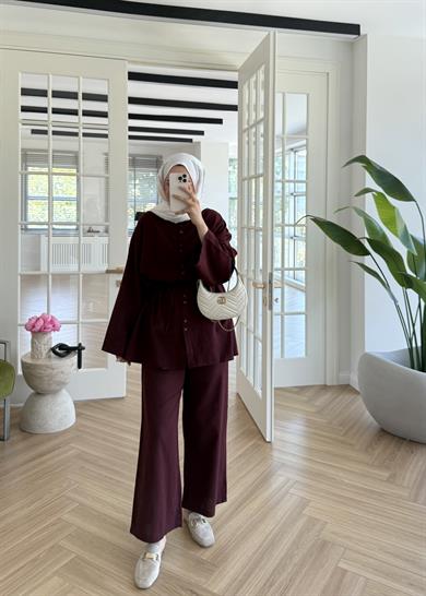 Çift Düğmeli Keten Takım Bordo