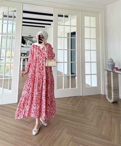 Mini Çiçekli Mango Elbise Kırmızı