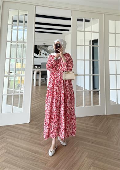 Mini Çiçekli Mango Elbise Kırmızı