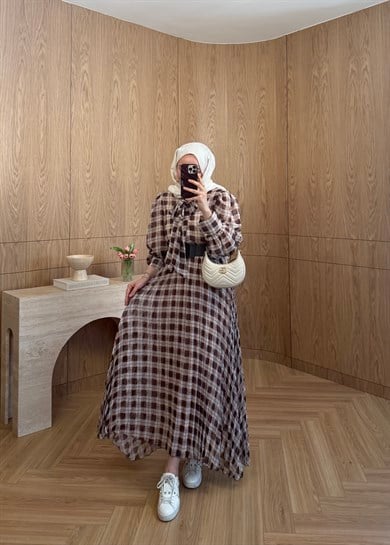 Miori Ekose Şifon Elbise Kahverengi